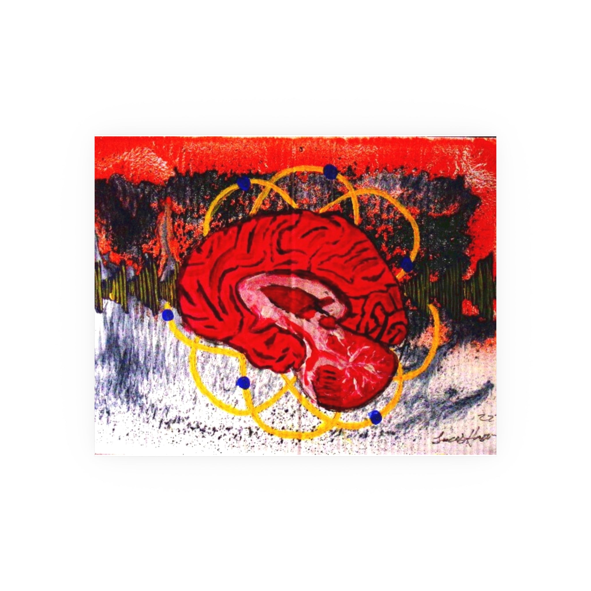 Neon Anatomical Brain Art Poster — Red Brain with Geometric Halo, Satin/Archival Matte