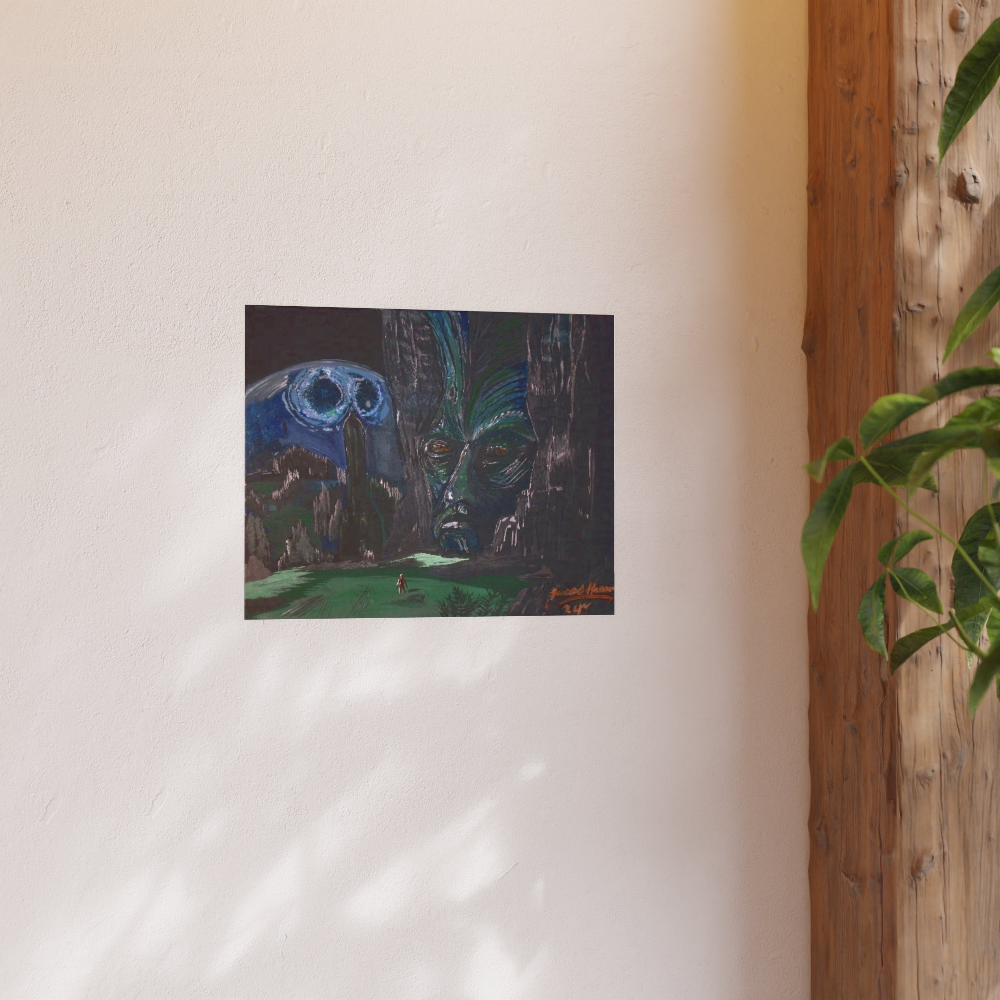 Surreal Landscape Poster — Moon Skull & Masked Face Art Print