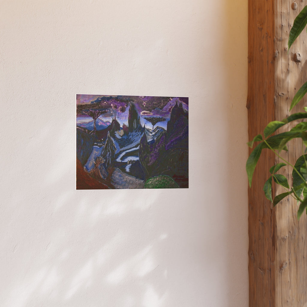 Surreal Nightscape Art Poster — Mystic Purple Mountain Landscape (Satin or Archival Matte)