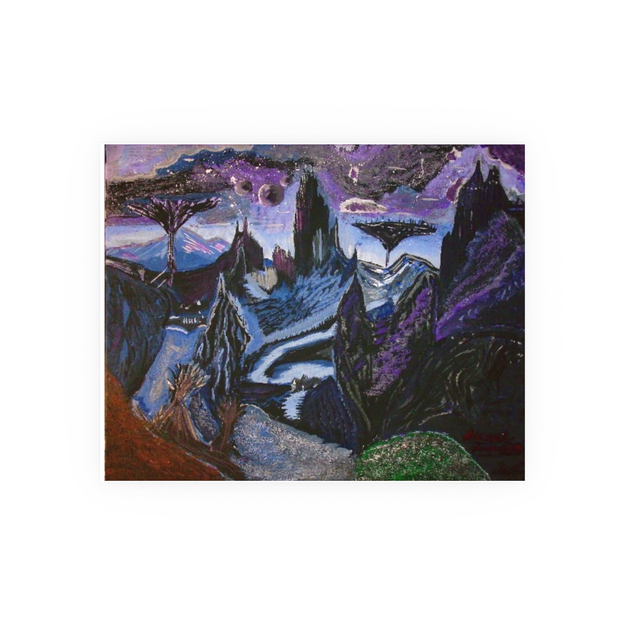 Surreal Nightscape Art Poster — Mystic Purple Mountain Landscape (Satin or Archival Matte)
