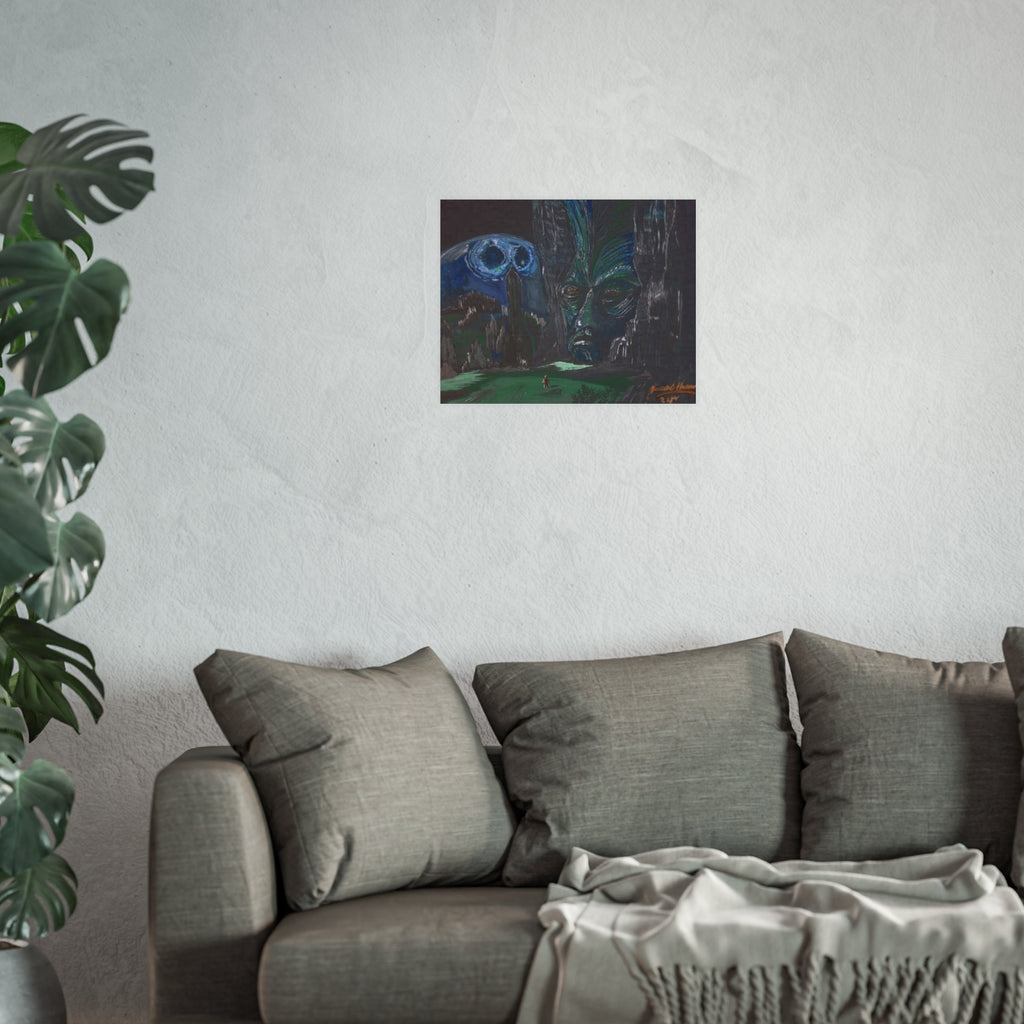 Surreal Landscape Poster — Moon Skull & Masked Face Art Print