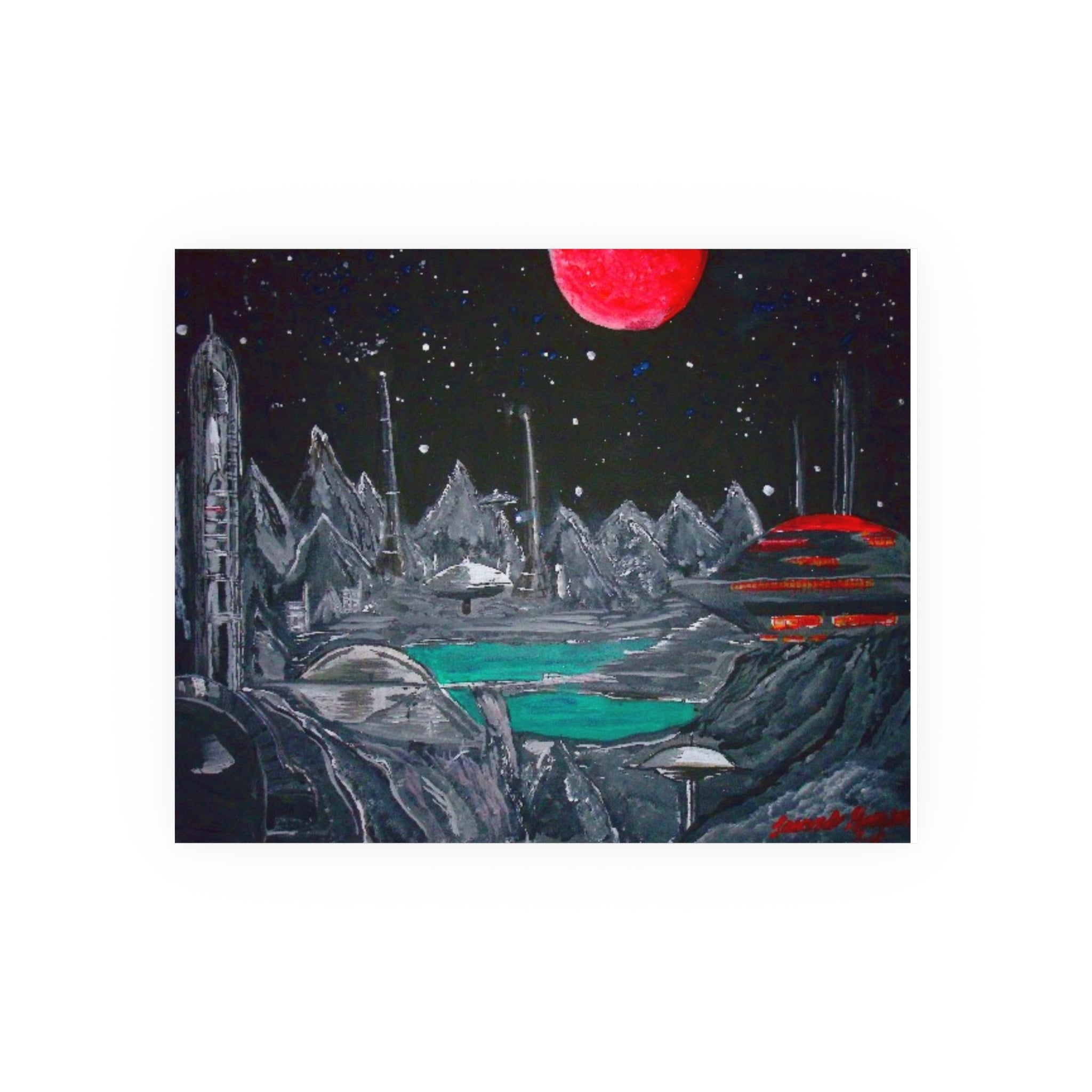 Sci‑Fi Planet Landscape Poster — Red Moon, Alien City Art Print