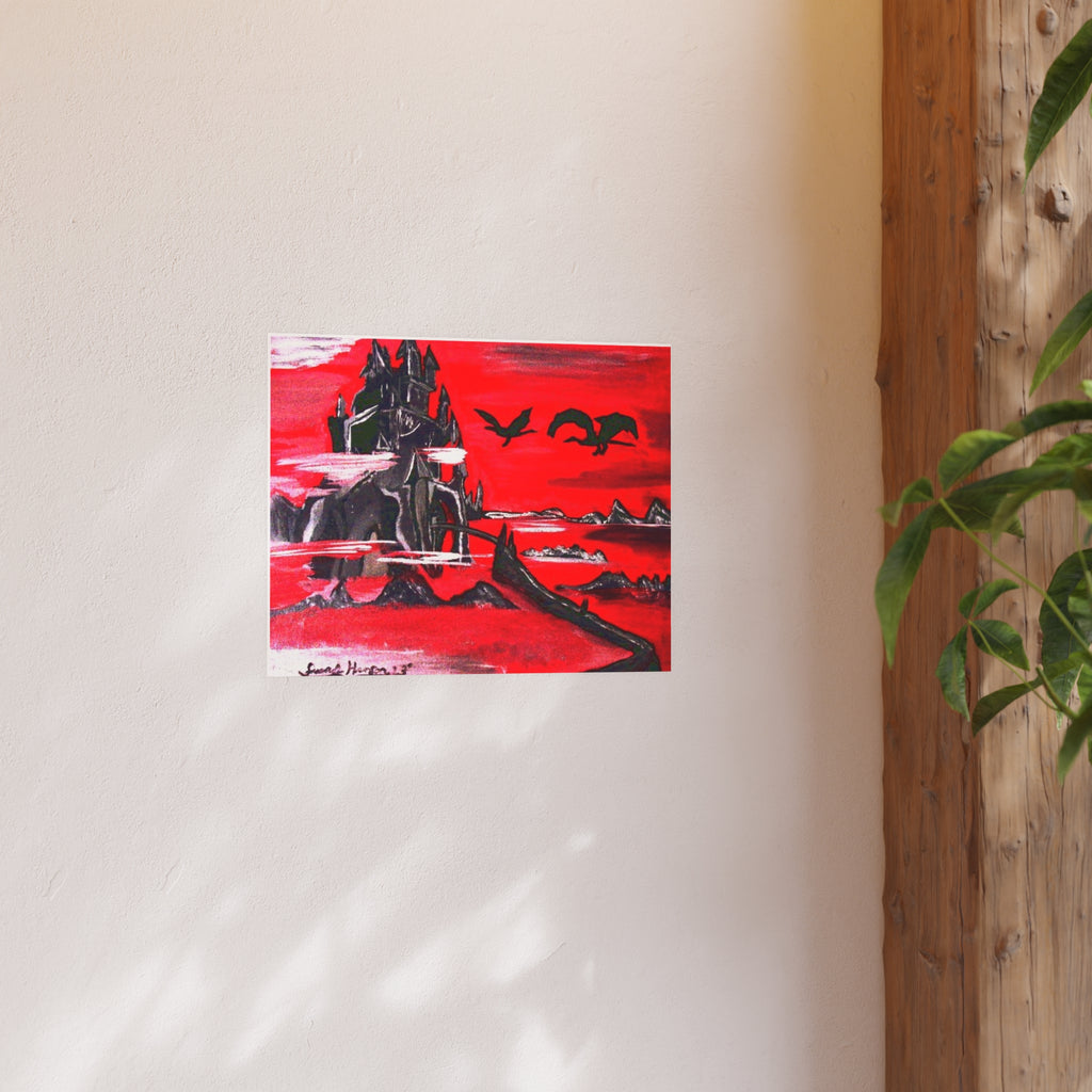 Gothic Castle Art Poster — Red Landscape with Flying dragons