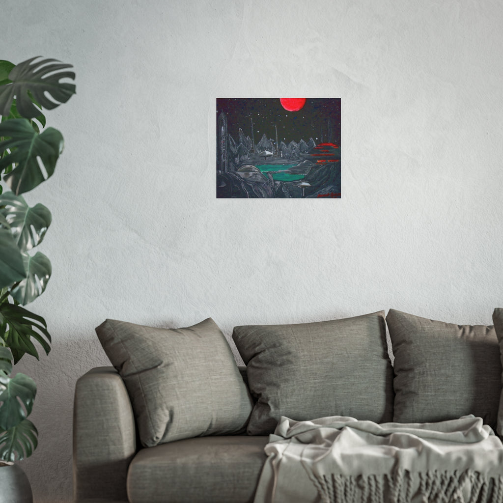 Sci‑Fi Planet Landscape Poster — Red Moon, Alien City Art Print