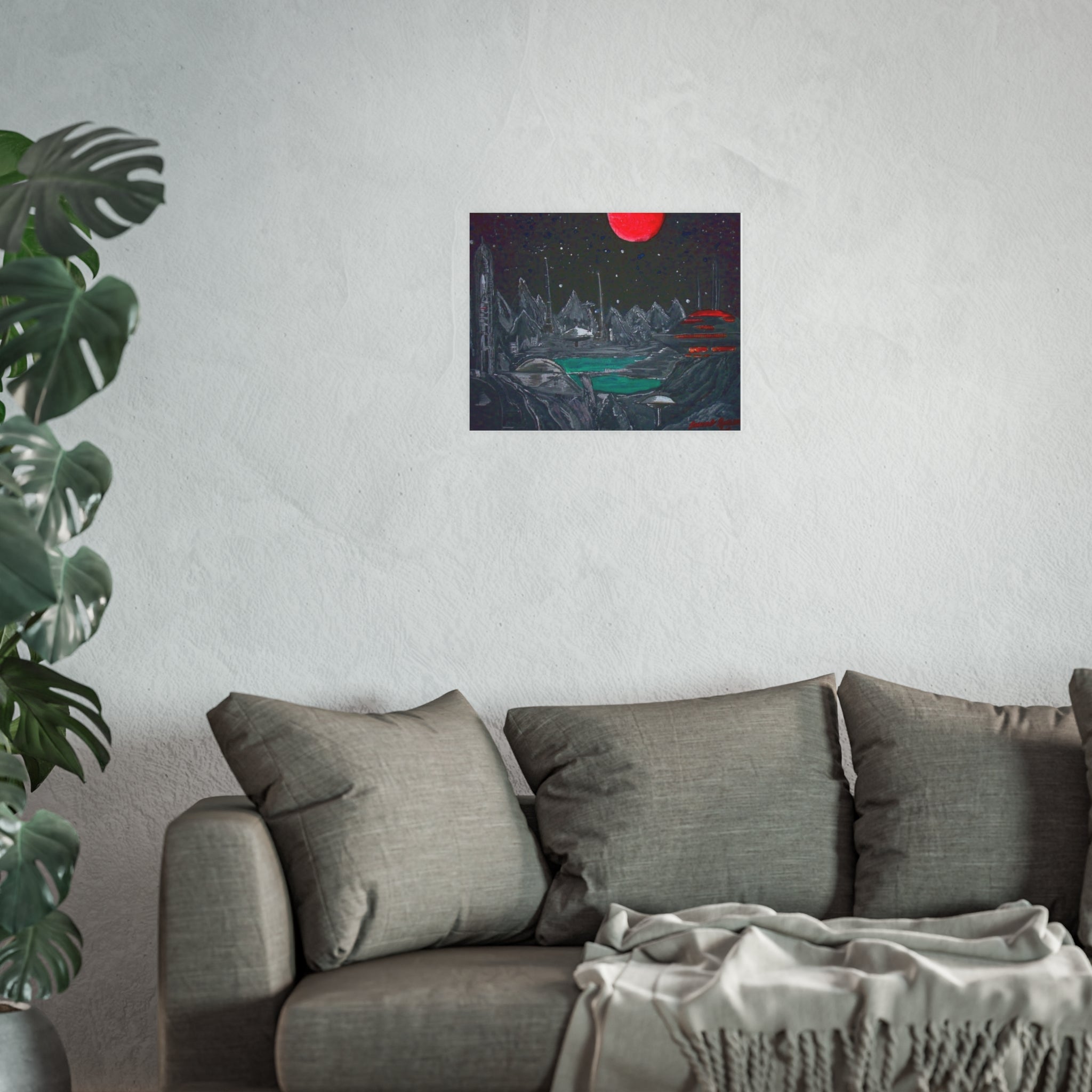 Sci‑Fi Planet Landscape Poster — Red Moon, Alien City Art Print