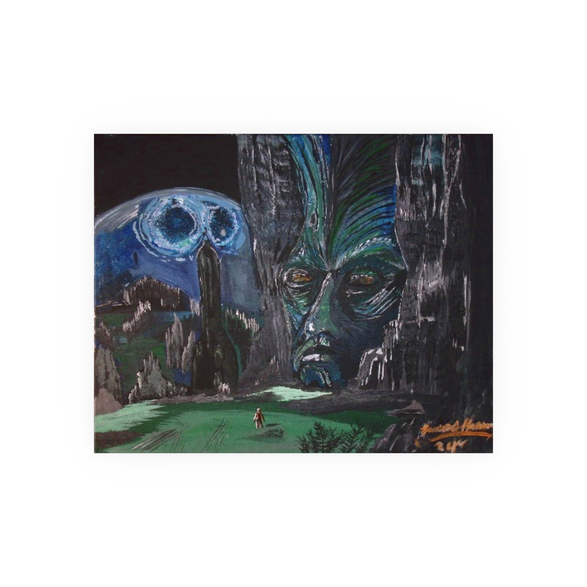 Surreal Landscape Poster — Moon Skull & Masked Face Art Print