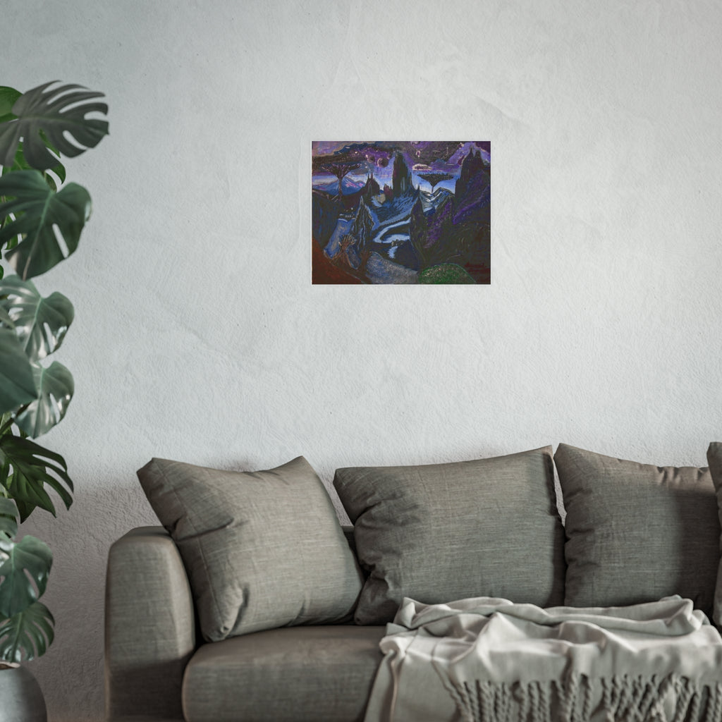Surreal Nightscape Art Poster — Mystic Purple Mountain Landscape (Satin or Archival Matte)