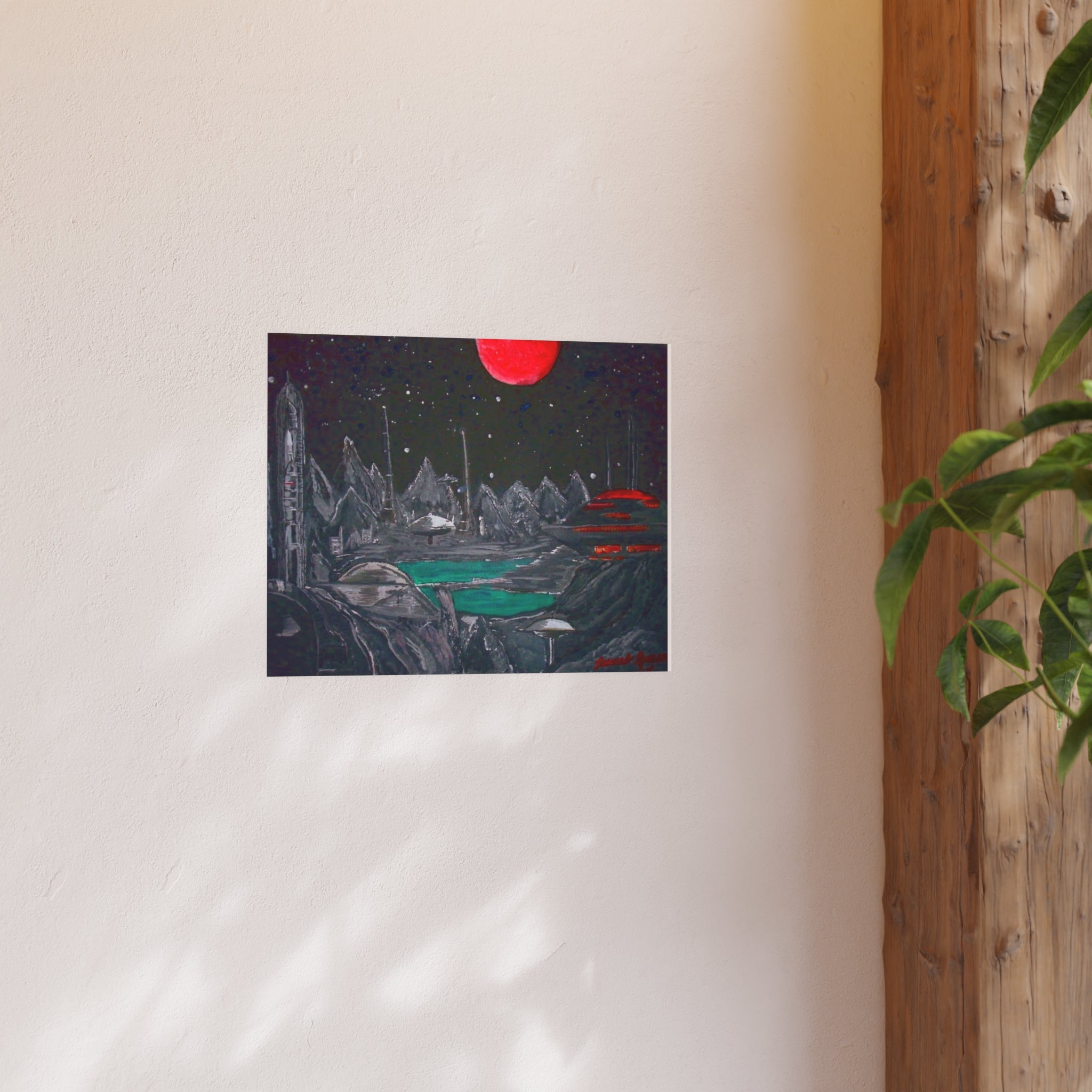 Sci‑Fi Planet Landscape Poster — Red Moon, Alien City Art Print