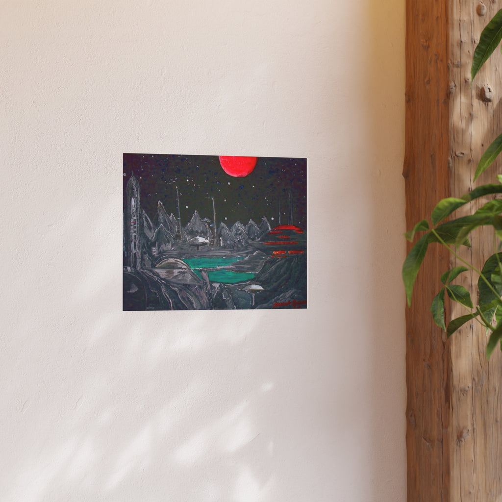 Sci‑Fi Planet Landscape Poster — Red Moon, Alien City Art Print