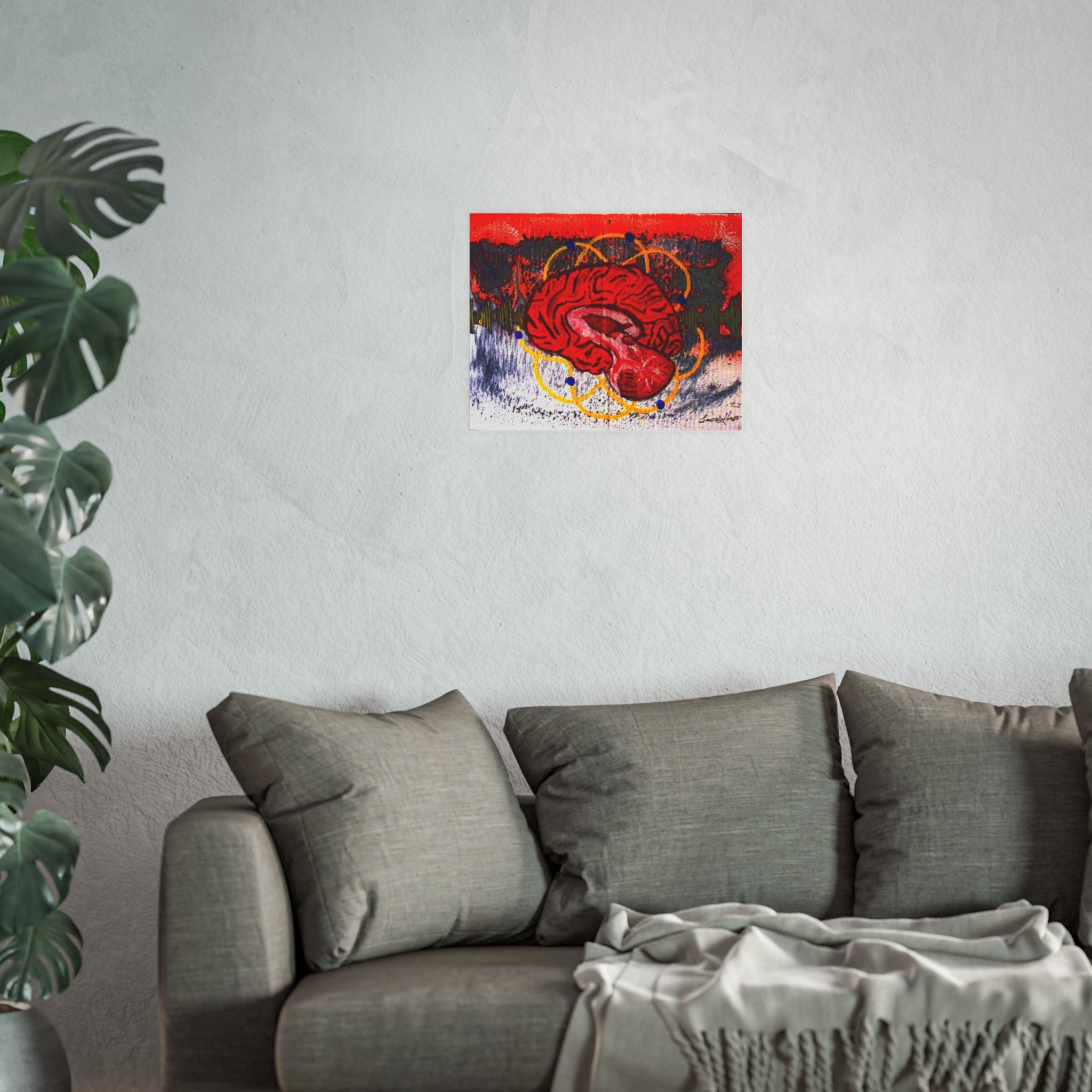 Neon Anatomical Brain Art Poster — Red Brain with Geometric Halo, Satin/Archival Matte