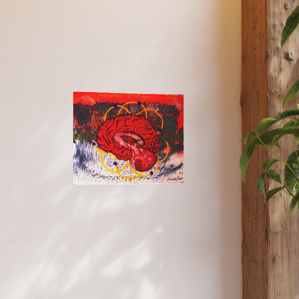 Neon Anatomical Brain Art Poster — Red Brain with Geometric Halo, Satin/Archival Matte